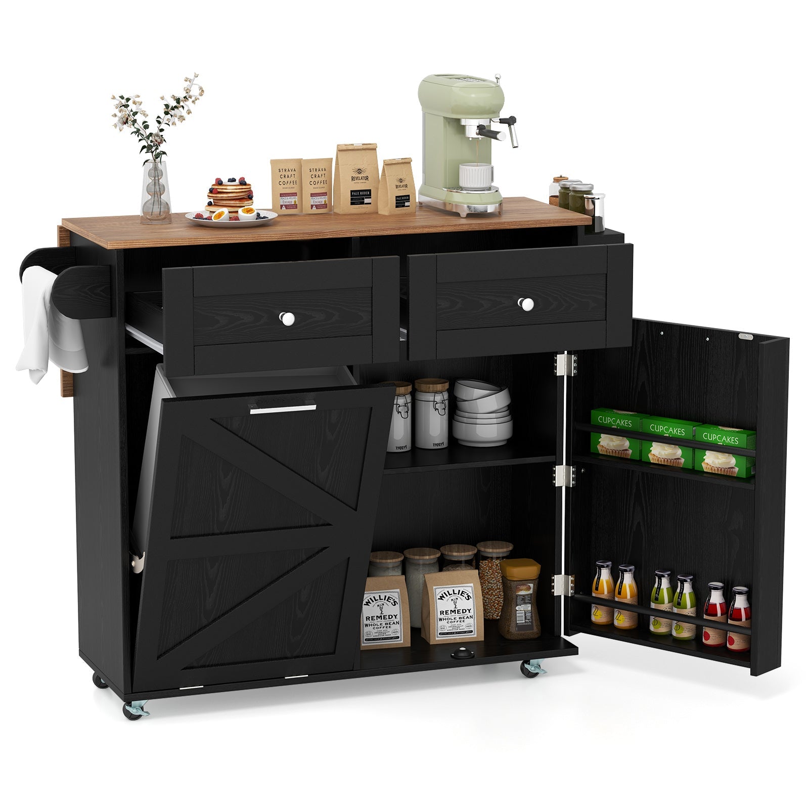Rolling Kitchen Island with Trash Can Cabinet and Rubber Universal Wheels-Black with storage and tilt-out cabinet