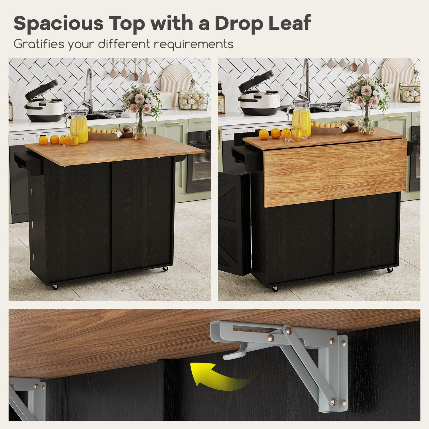 Rolling Kitchen Island with Trash Can Cabinet and Rubber Universal Wheels-Black featuring spacious top with drop leaf function