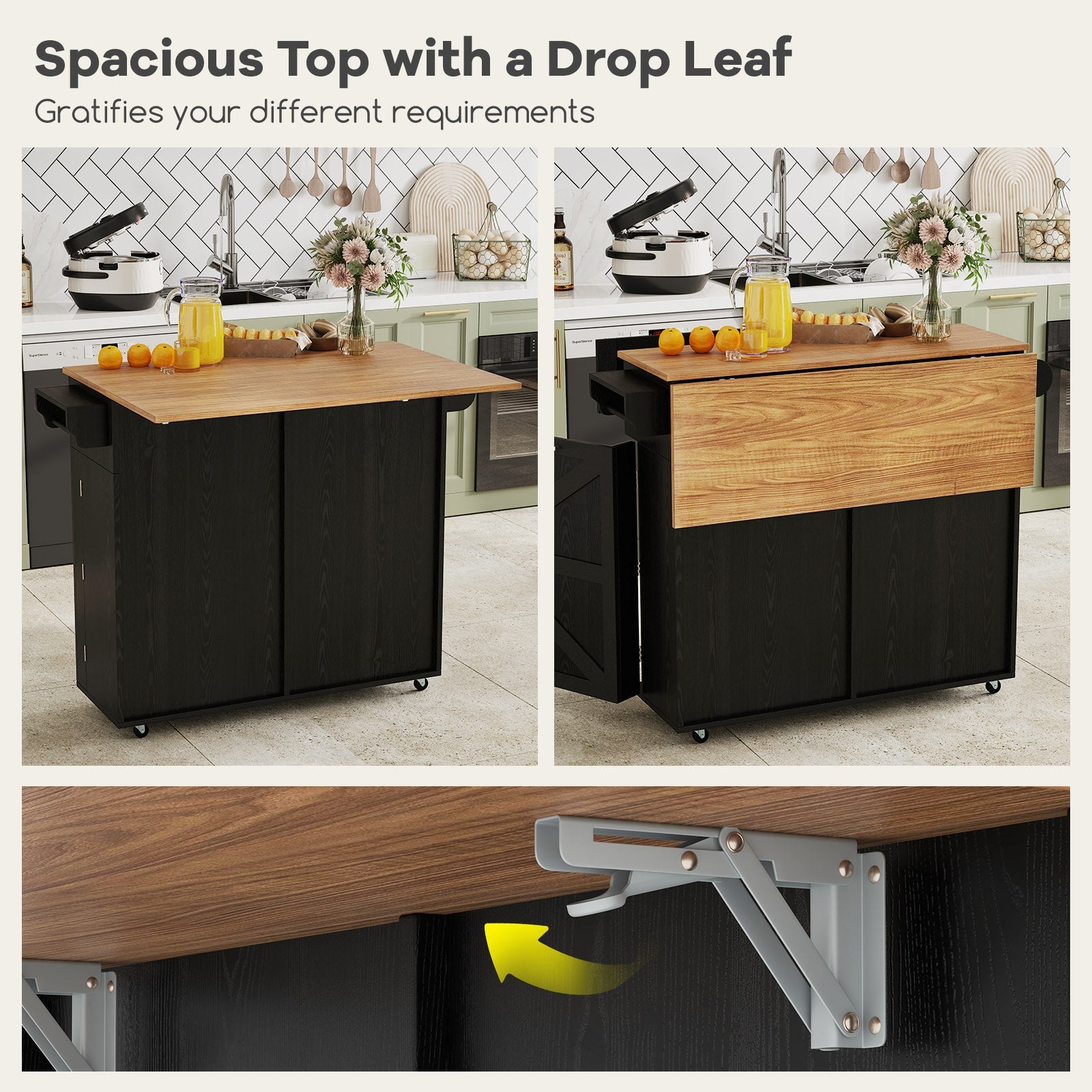 Rolling Kitchen Island with Trash Can Cabinet and Rubber Universal Wheels-Black featuring spacious top with drop leaf function