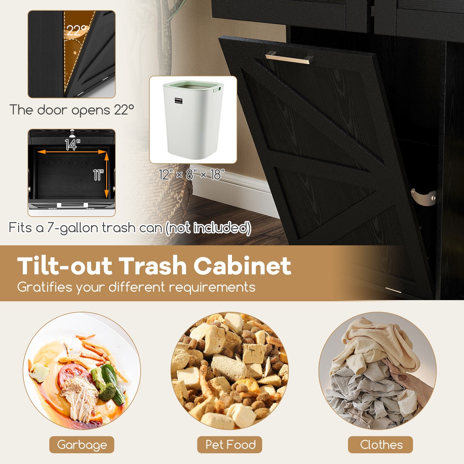 Rolling Kitchen Island with Trash Can Cabinet and Rubber Universal Wheels-Black featuring a tilt-out trash cabinet for 7-gallon bin