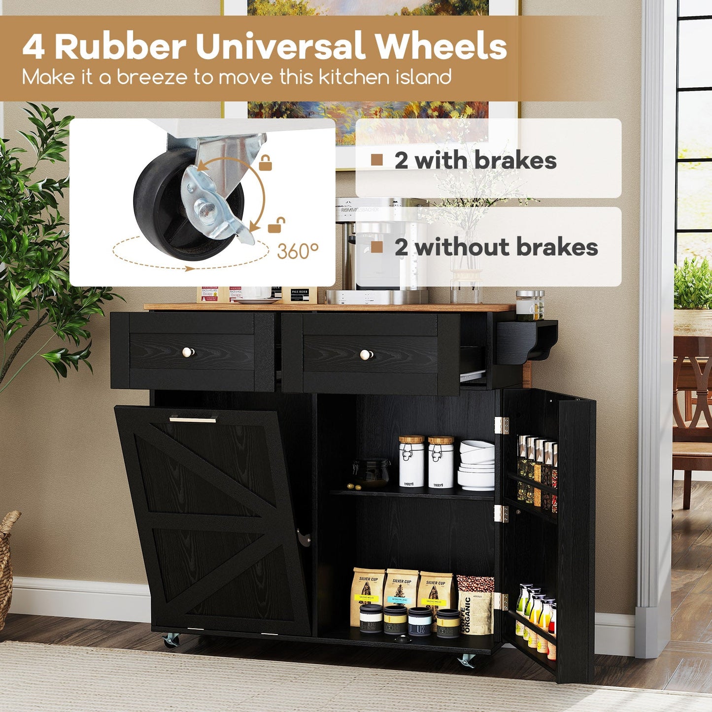 Rolling Kitchen Island with Trash Can Cabinet and Rubber Universal Wheels-Black in dining room with open storage and wheel details.