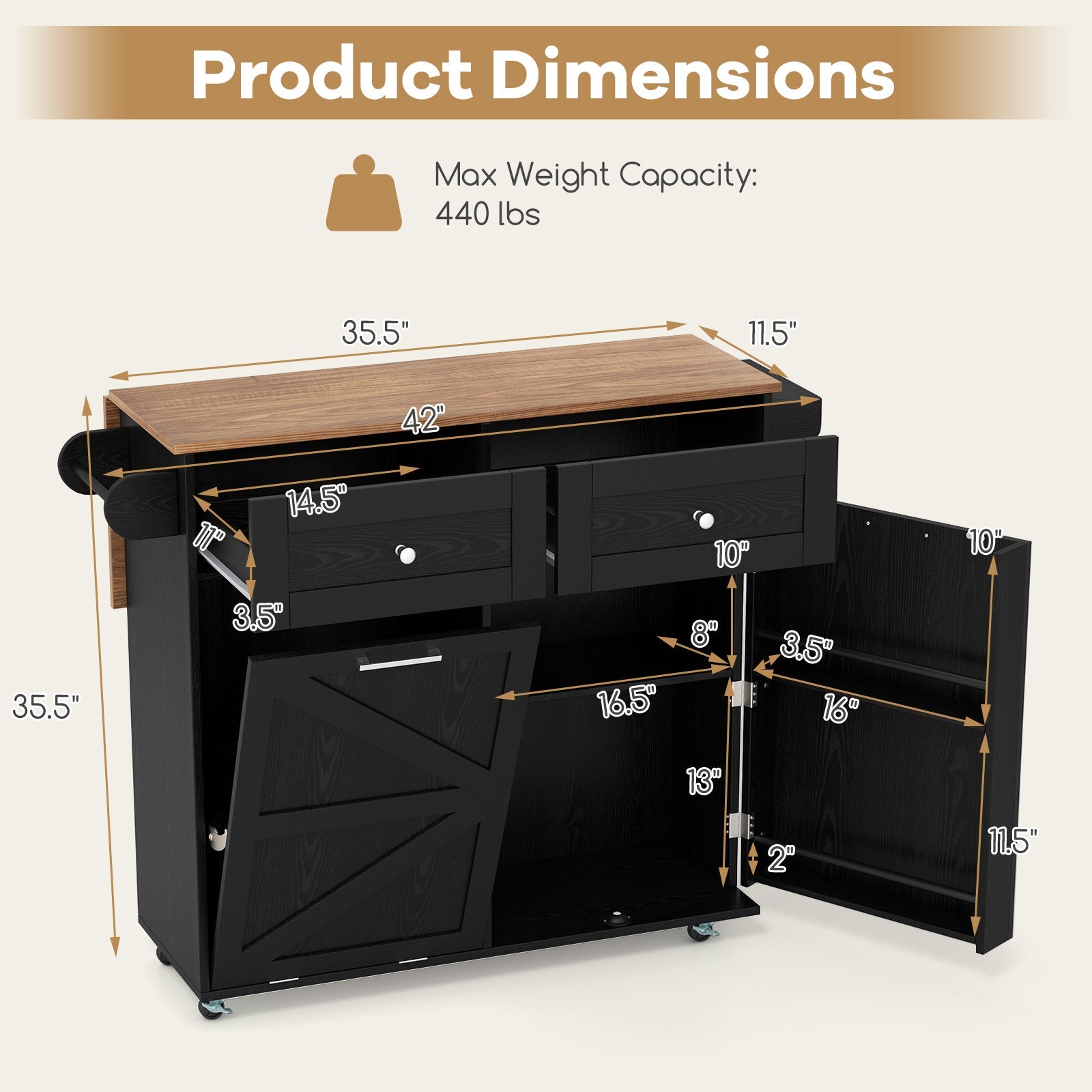 Dimensions of Rolling Kitchen Island with Trash Can Cabinet and Rubber Universal Wheels-Black showing measurements and features.