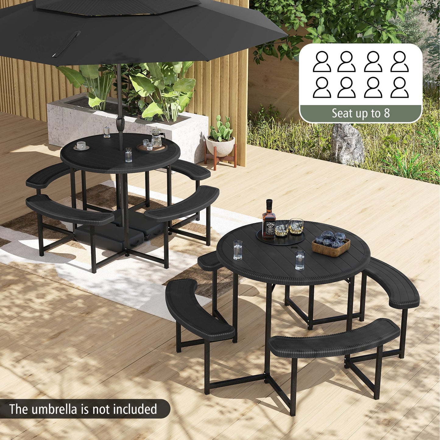Round Picnic Table Bench Set with 4 Benches and Umbrella Hole for Patio Lawn-Black, seating for up to 8, table shown with decor.