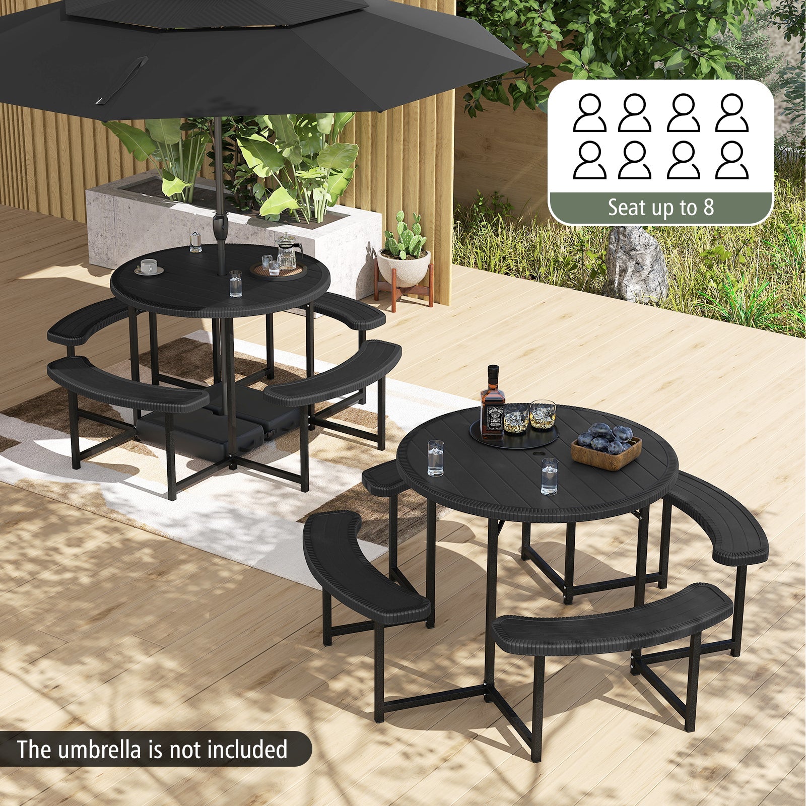 Round Picnic Table Bench Set with 4 Benches and Umbrella Hole for Patio Lawn-Black, seating for up to 8, table shown with decor.