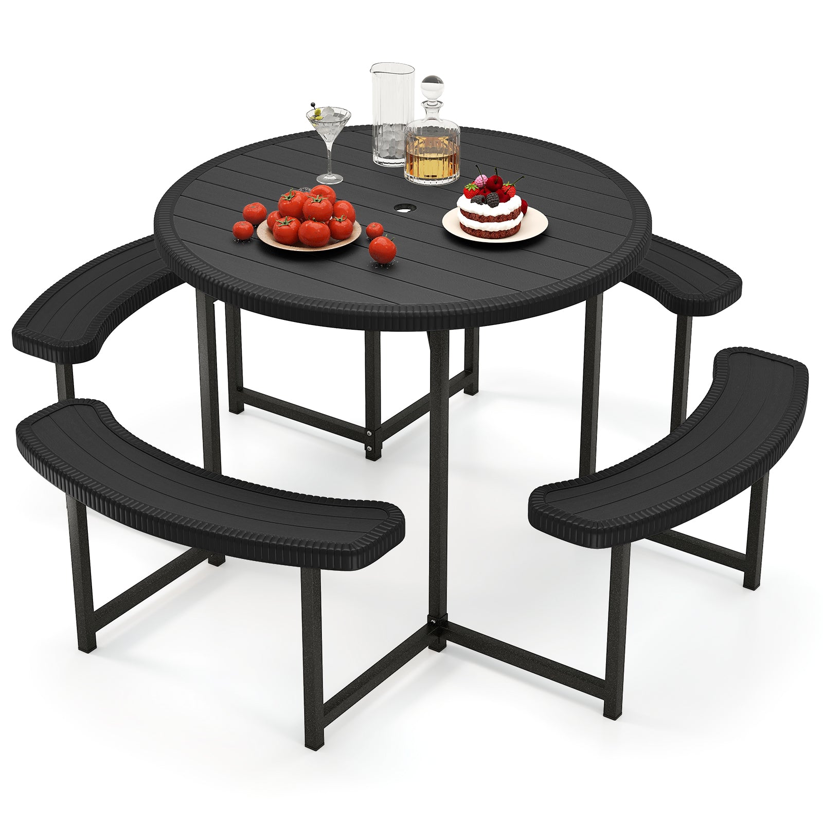 Round Picnic Table Bench Set with 4 Benches and Umbrella Hole for Patio Lawn-Black with food and drinks on tabletop.