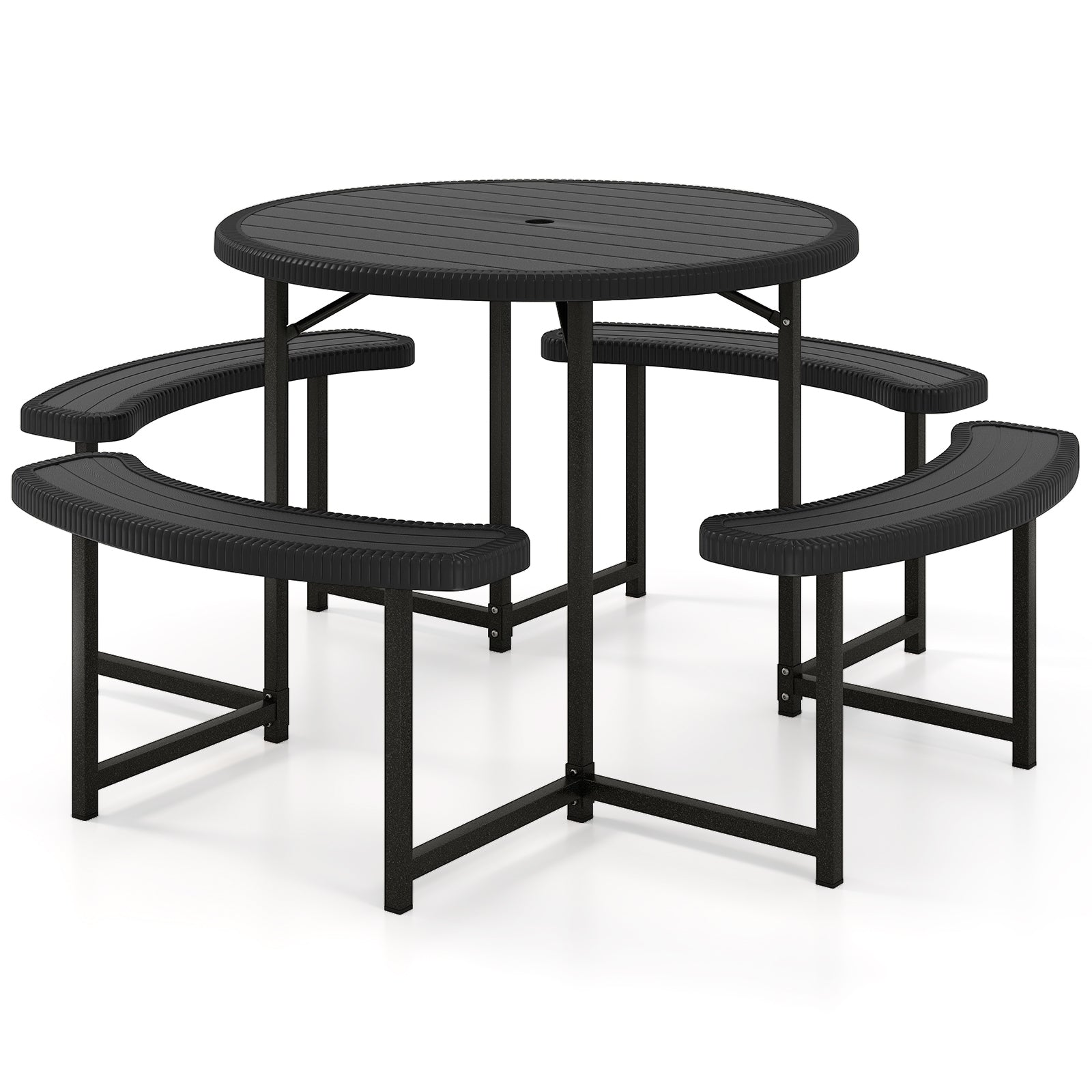 Round Picnic Table Bench Set with 4 Benches and Umbrella Hole for Patio Lawn-Black, featuring waterproof tabletop and sturdy metal legs.