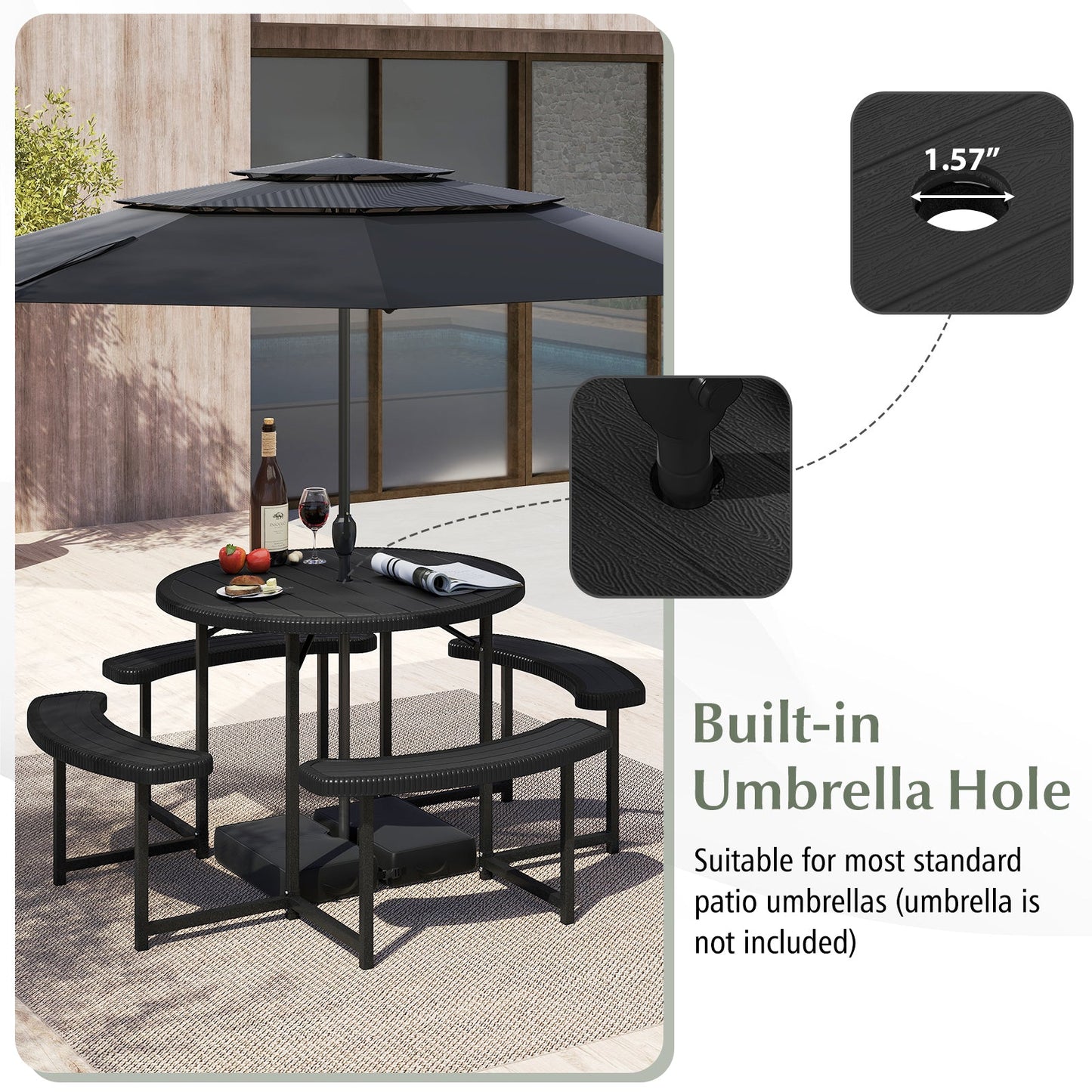 Round Picnic Table Bench Set with 4 Benches and Umbrella Hole for Patio Lawn-Black featuring built-in umbrella hole and seating for 4-8.