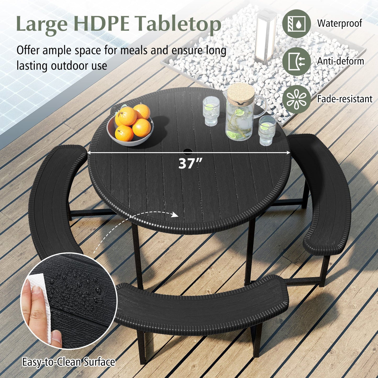 Round Picnic Table Bench Set with 4 Benches and Umbrella Hole for Patio Lawn-Black, featuring a durable HDPE tabletop and robust design.