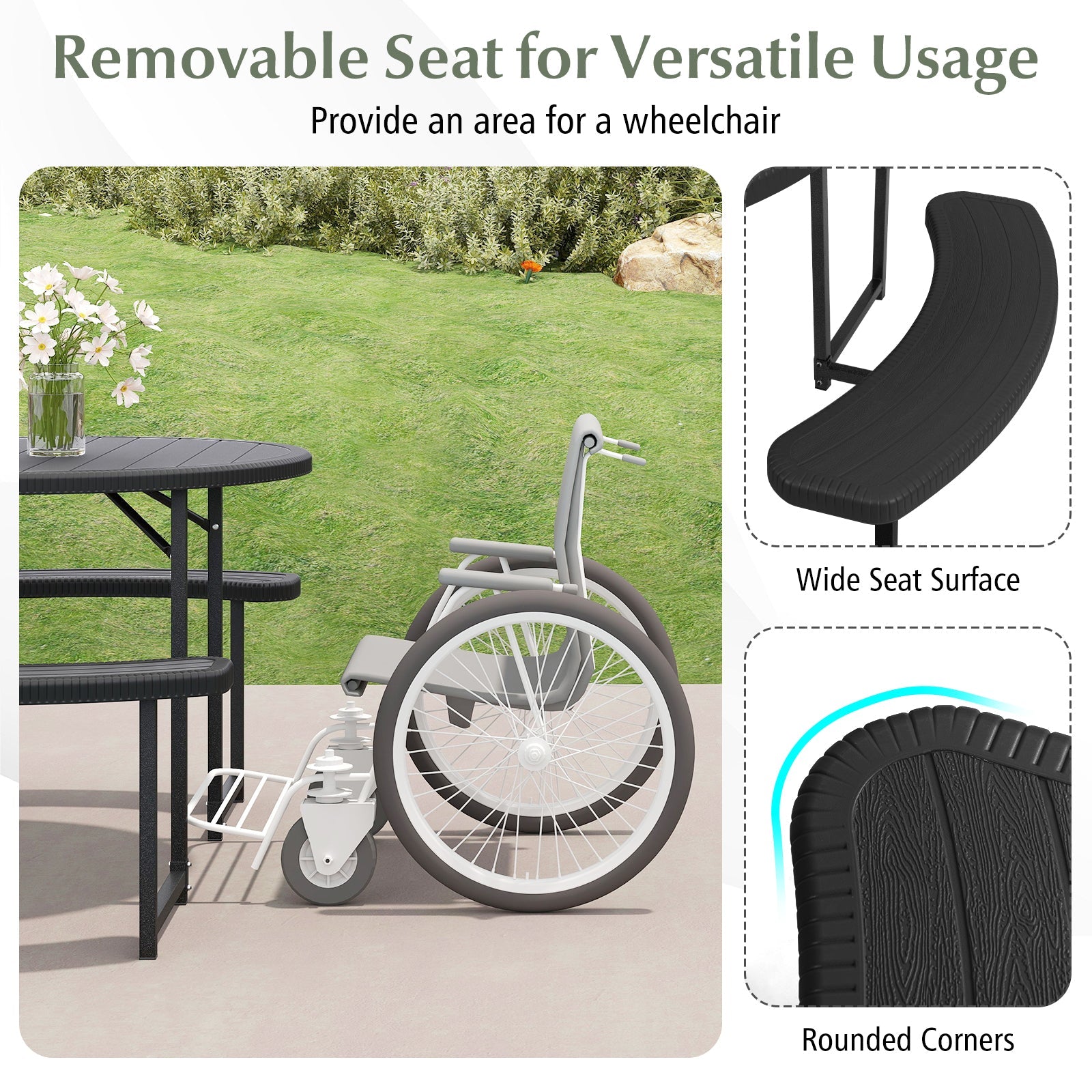 Round Picnic Table Bench Set with 4 Benches and Umbrella Hole for Patio Lawn-Black showing wheelchair access and removable seat