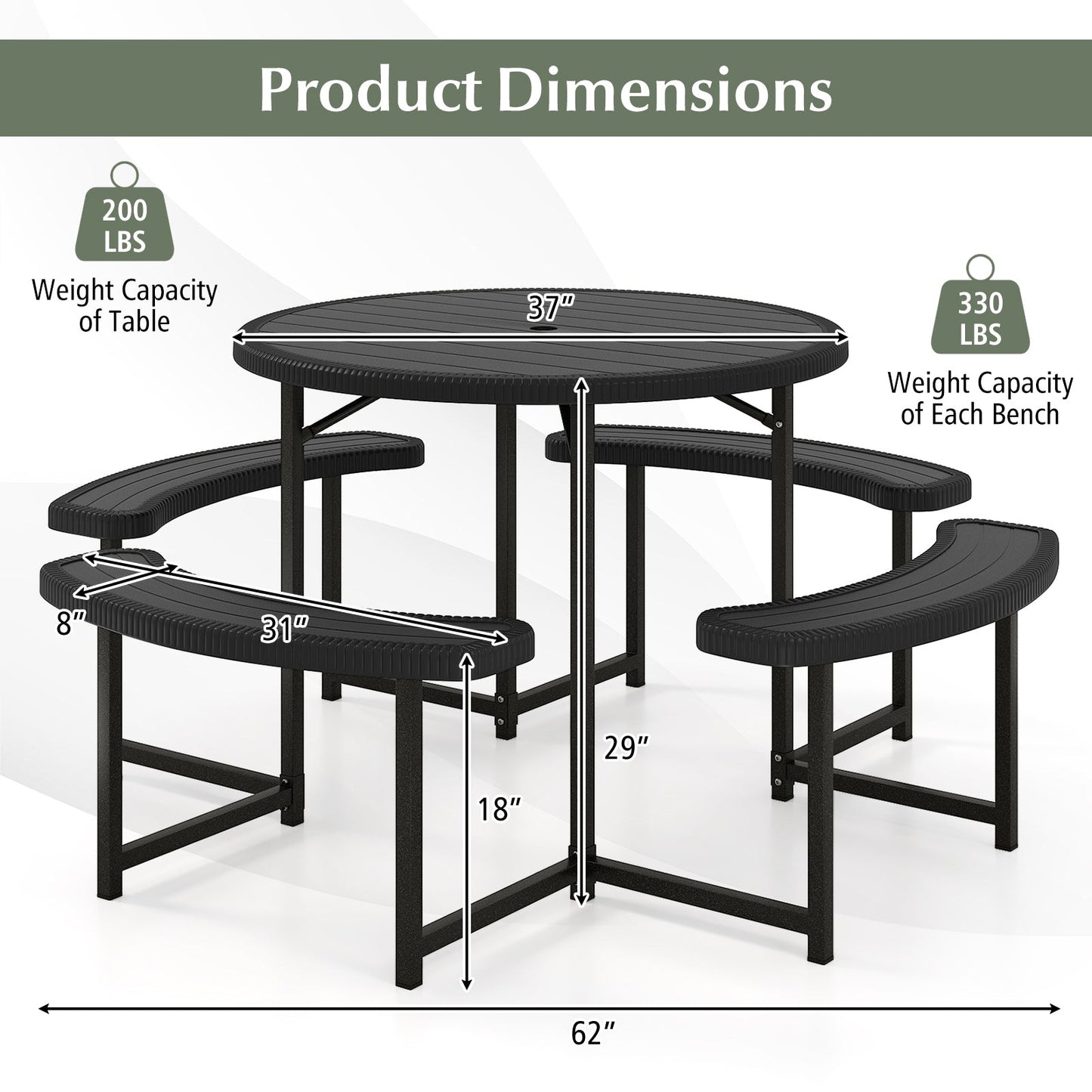 Round Picnic Table Bench Set with 4 Benches and Umbrella Hole for Patio Lawn-Black with weight capacity details and measurements.