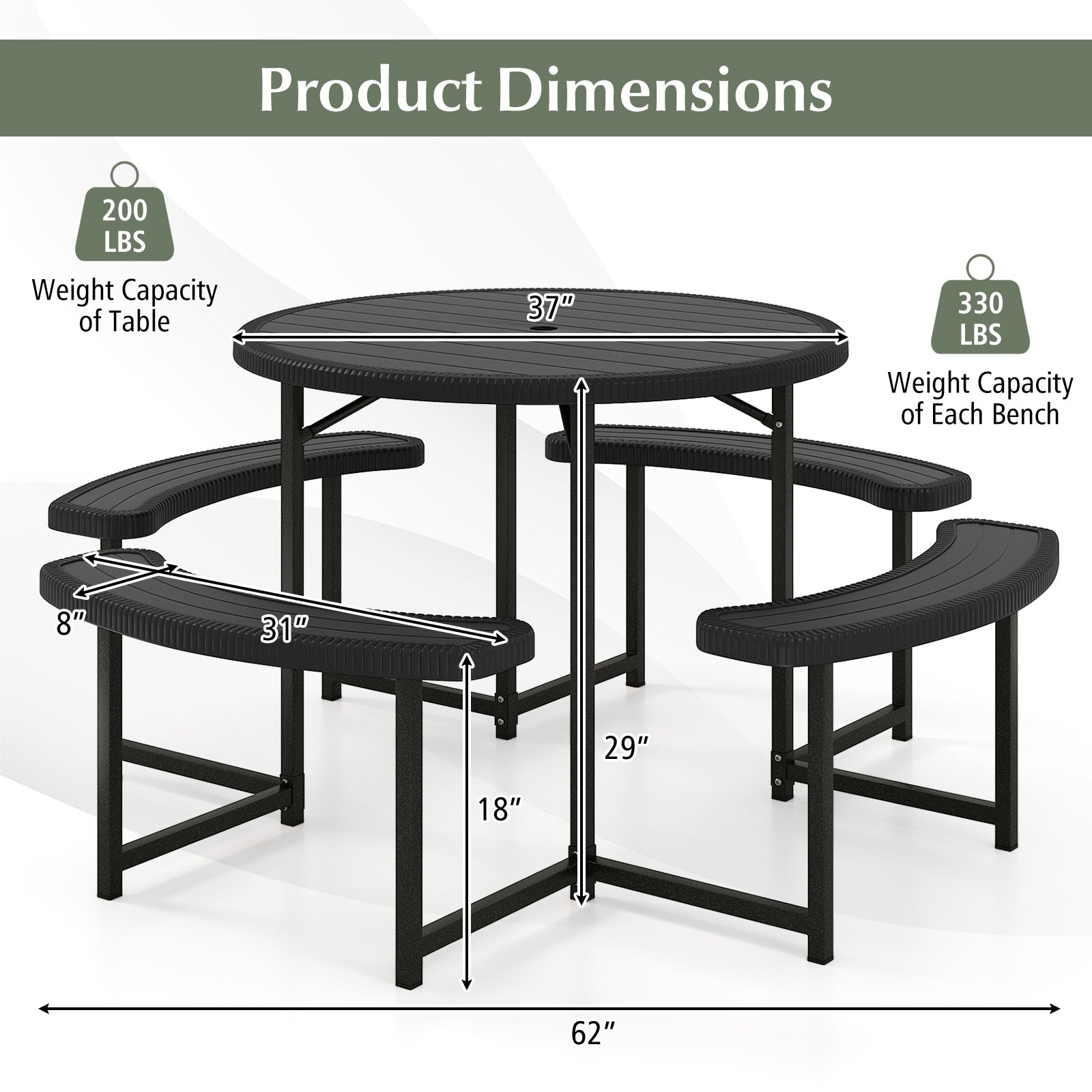 Round Picnic Table Bench Set with 4 Benches and Umbrella Hole for Patio Lawn-Black with weight capacity details and measurements.