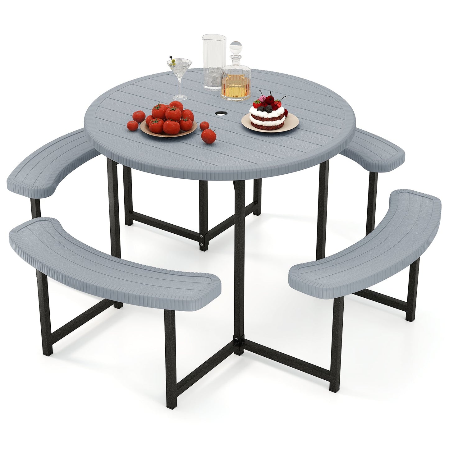 Round Picnic Table Bench Set with 4 Benches and Umbrella Hole for Patio Lawn