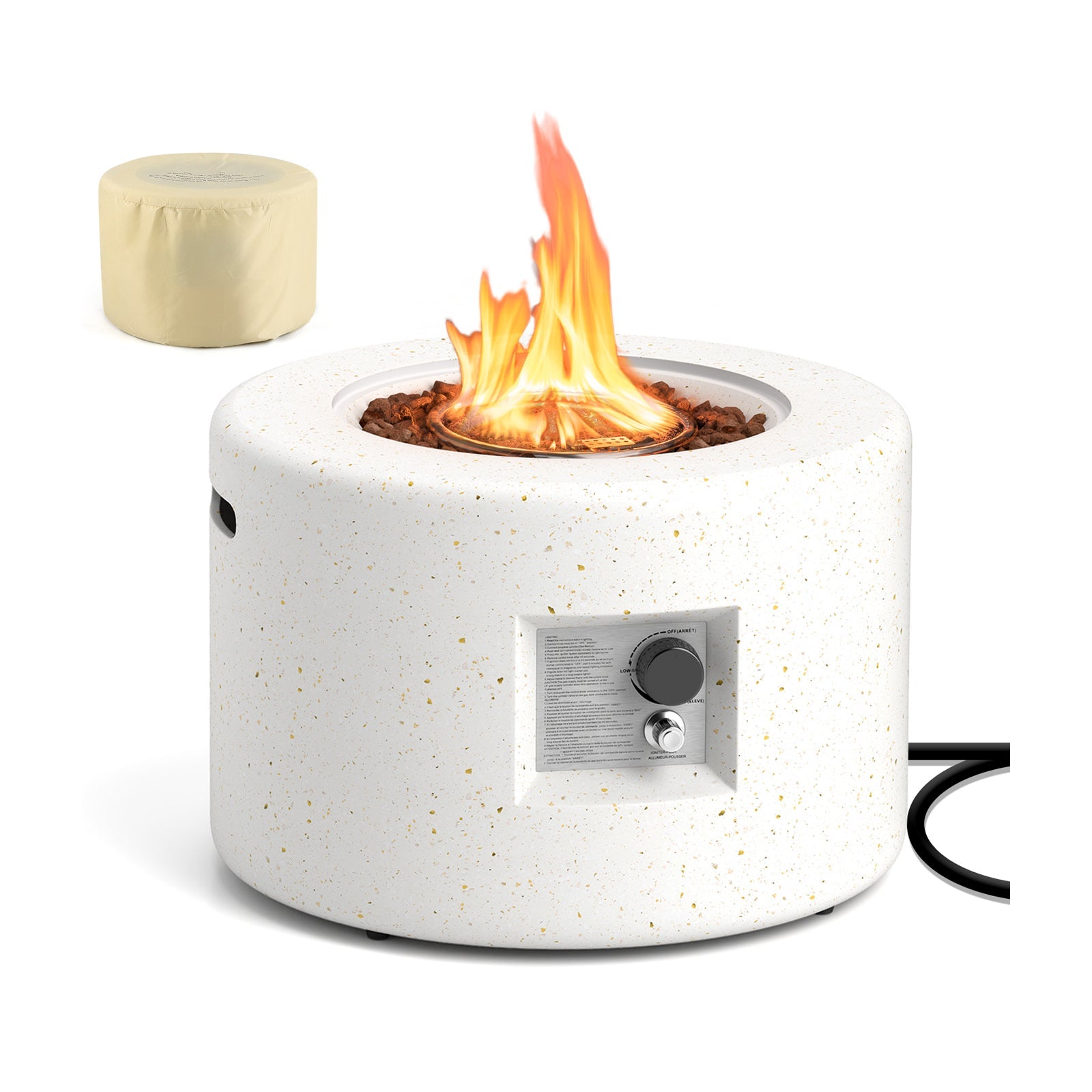 Round Terrazzo Propane Gas Fire Pit with Hideaway Tank Holder and Lava Rocks, featuring a control panel and beige cover.