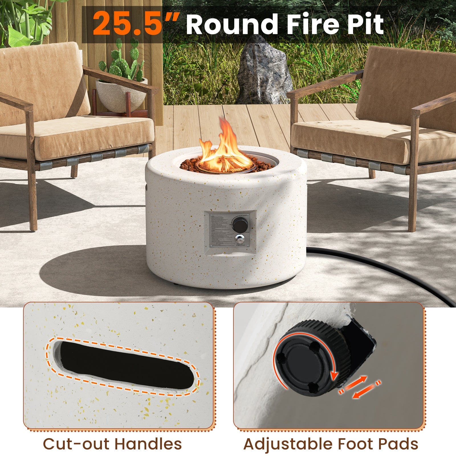 Round Terrazzo Propane Gas Fire Pit with Hideaway Tank Holder and Lava Rocks, featuring adjustable foot pads and cut-out handles.