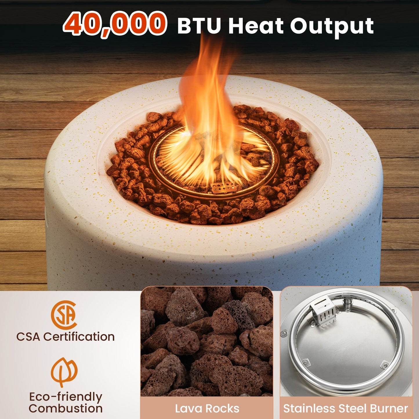 Round Terrazzo Propane Gas Fire Pit with Hideaway Tank Holder and Lava Rocks featuring 40,000 BTU heat output and CSA certification