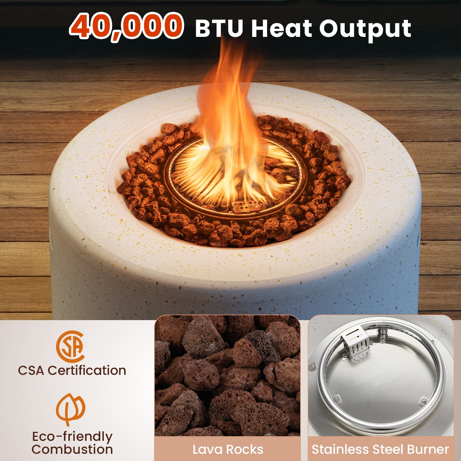 Round Terrazzo Propane Gas Fire Pit with Hideaway Tank Holder and Lava Rocks featuring 40,000 BTU heat output and CSA certification