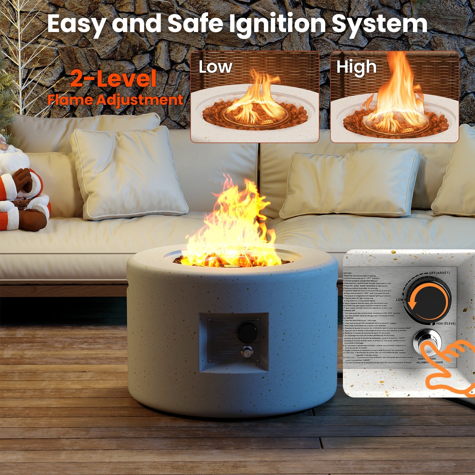 Round Terrazzo Propane Gas Fire Pit with Hideaway Tank Holder and Lava Rocks - Easy ignition system with 2-level flame adjustment.
