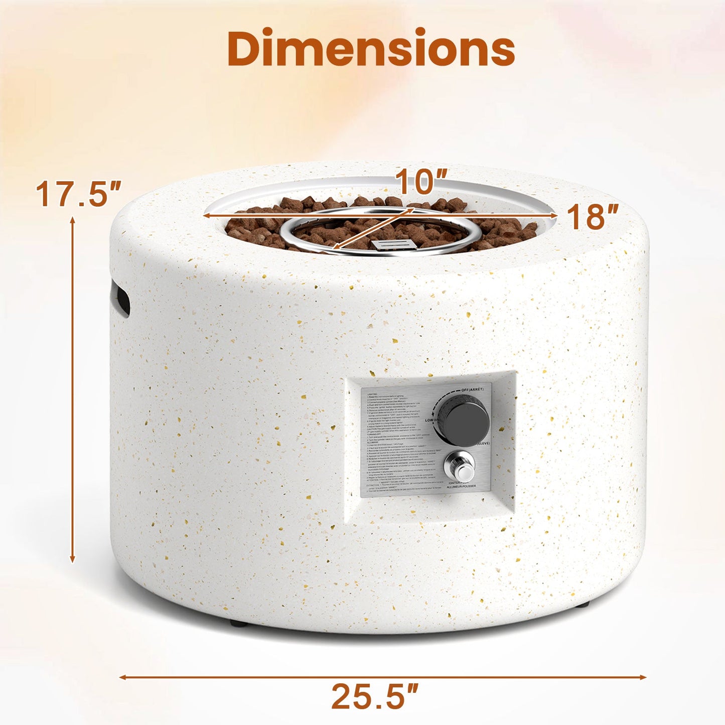 Round Terrazzo Propane Gas Fire Pit with Hideaway Tank Holder and Lava Rocks, dimensions shown with control panel and lava rocks