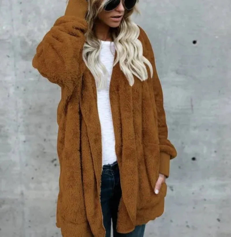 Double Fleece Plush Hooded Cardigan Jacket Women