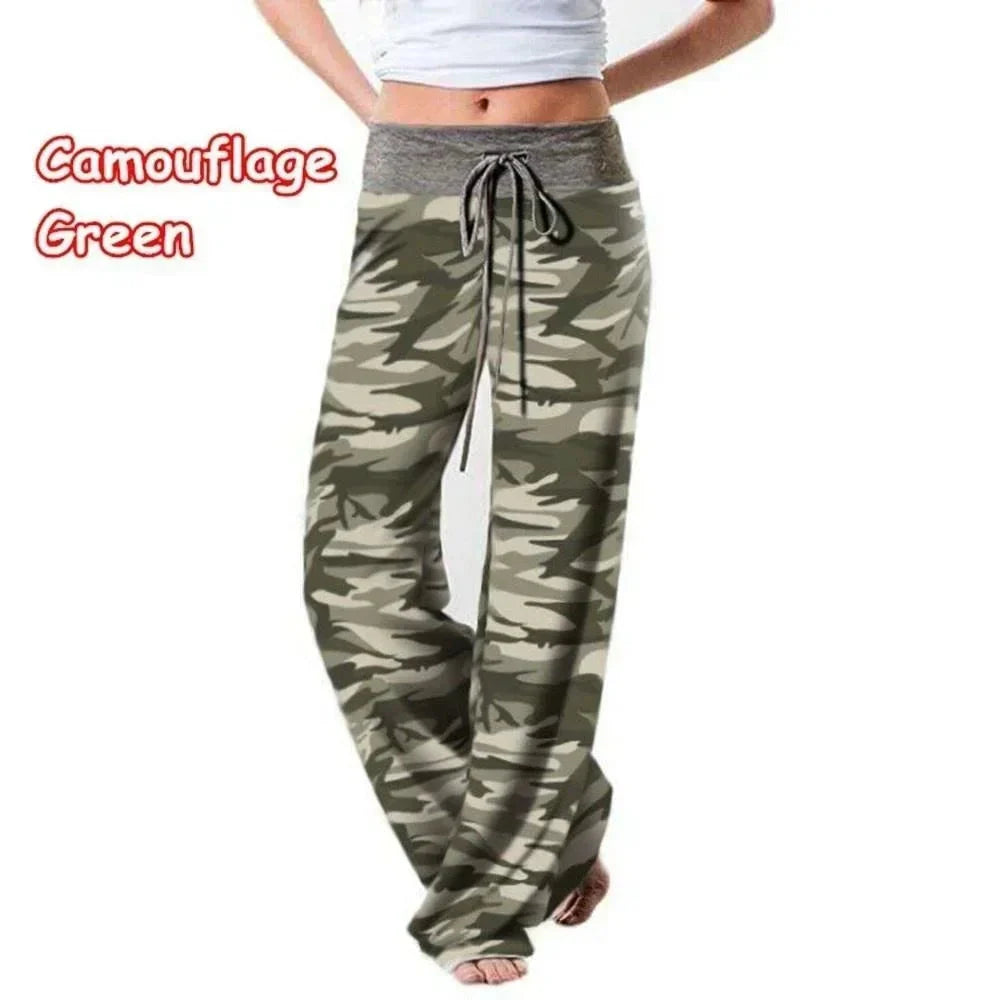 Camouflage Green Plus Size Wide-Leg Drawstring Lounge Pants Casual Comfort featuring a stylish and relaxed fit.