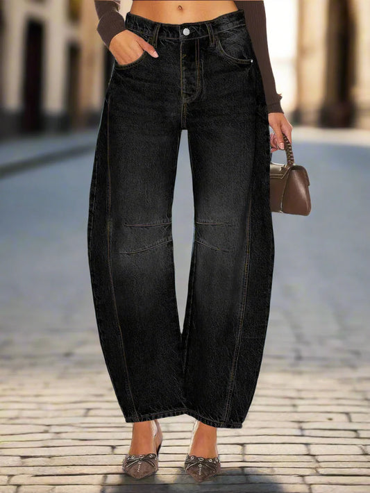 Woman wearing Women’s Elastic Waist High Waisted Jeans with a loose fit and cropped cut, showcasing trendy Korean-inspired style.