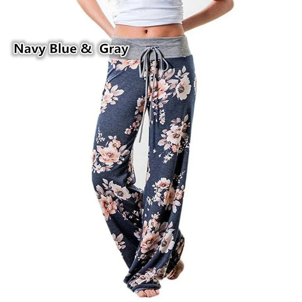 Navy blue and gray floral Plus Size Wide-Leg Drawstring Lounge Pants Casual Comfort with pull-on waistband for relaxed wear.