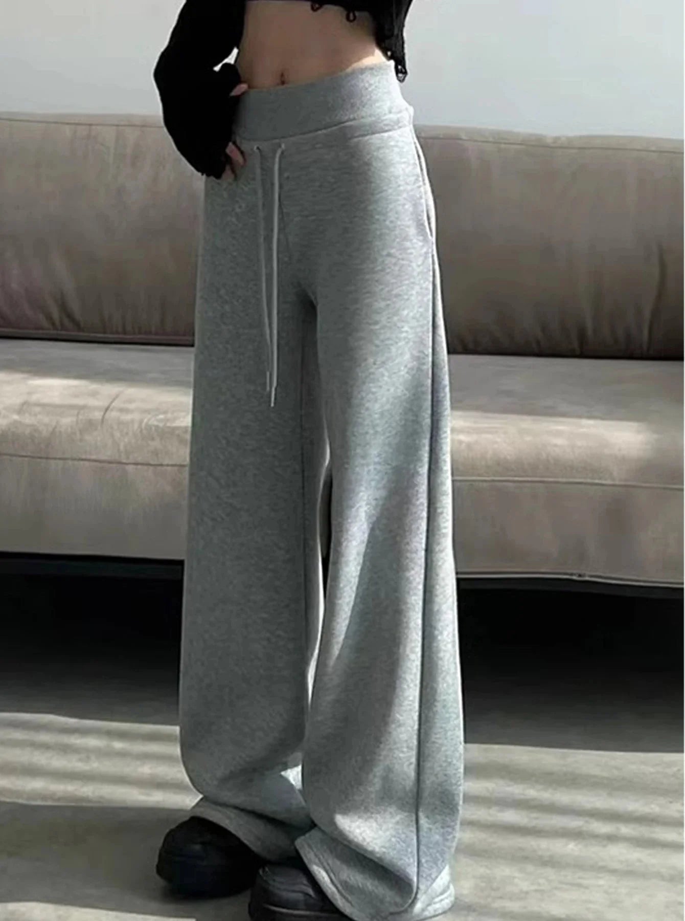 Gray High-Waist Loose Wide-Leg Straight Pants Women in a casual style setting