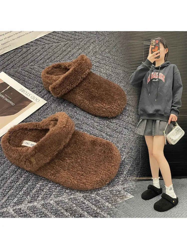 🩴 Winter Cotton Drag Outside Flat Fluffy Slippers