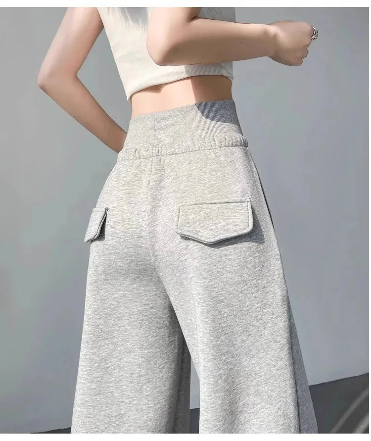 Back view of Gray High-Waist Loose Wide-Leg Straight Pants Women showcasing comfort and style.