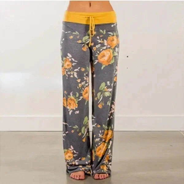 Plus Size Wide-Leg Drawstring Lounge Pants Casual Comfort with floral pattern and yellow waistband for relaxed wear
