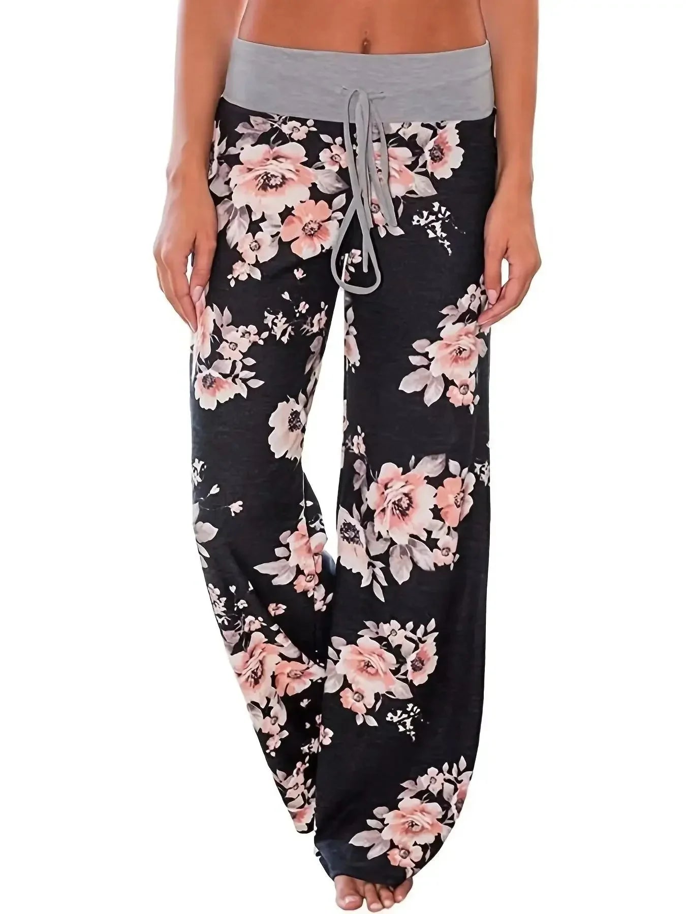 Plus Size Wide-Leg Drawstring Lounge Pants Casual Comfort in floral print, showcasing relaxed fit with a pull-on waistband.