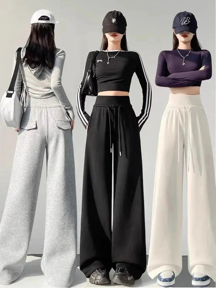 Three women wearing Gray High-Waist Loose Wide-Leg Straight Pants Women, stylish fashion display.