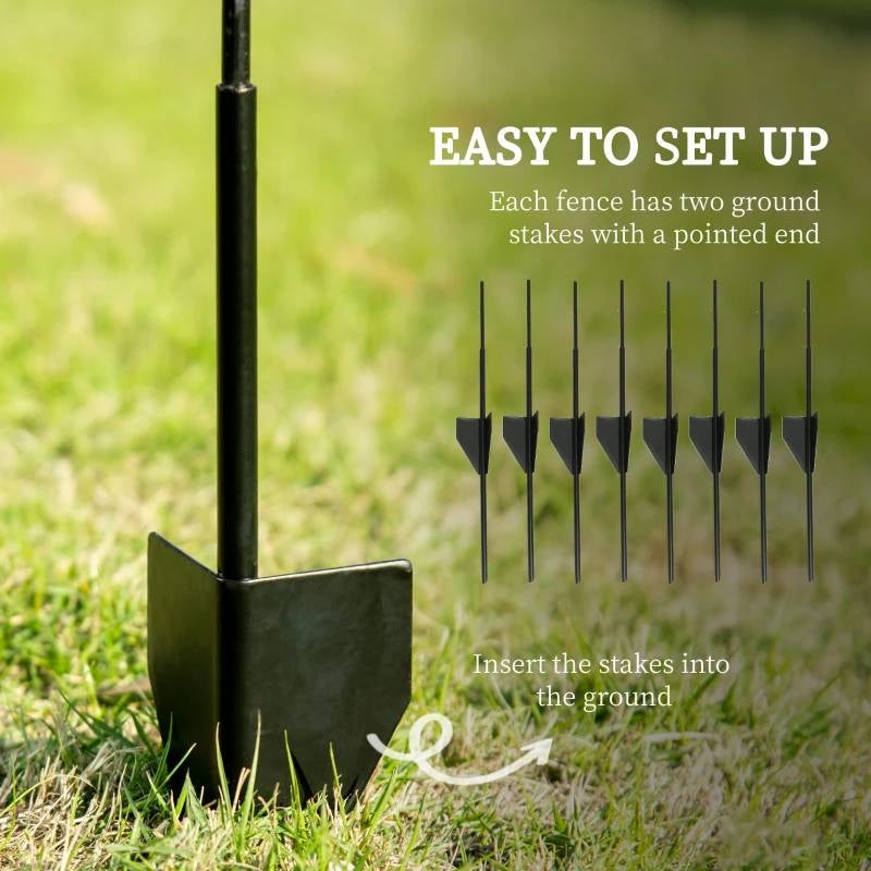 Easy setup for 4 Pack Steel Foldable Fence Floral Trellis Panel Animal Barrier with insertion of ground stakes into the soil.