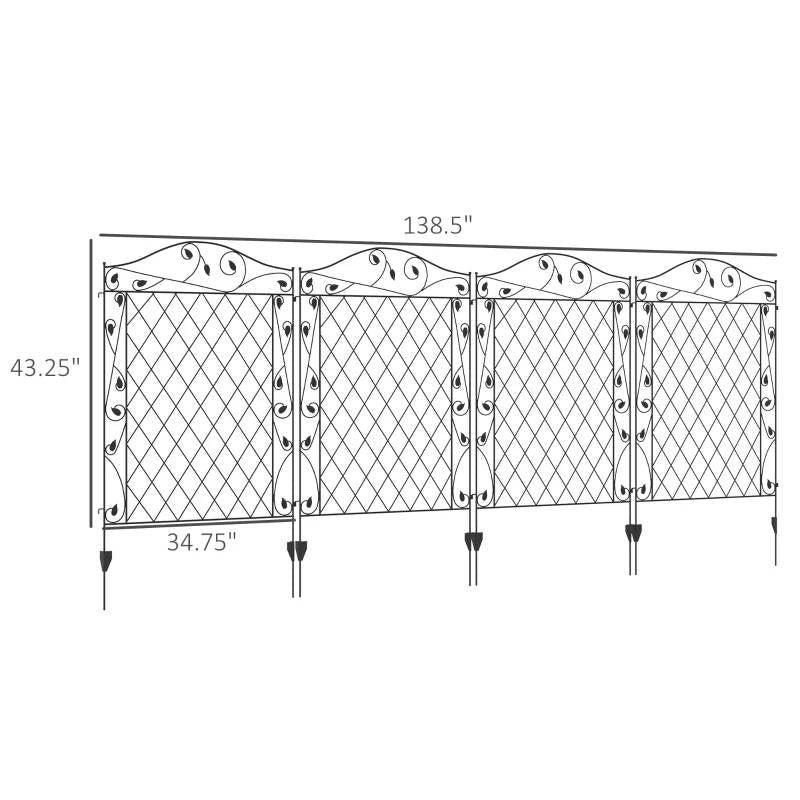 Diagram of 4 Pack Steel Foldable Fence Floral Trellis Panel Animal Barrier, 34.75" x 43.25" each, forming a customizable garden fence.