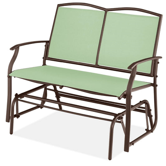 2 Seat Mesh Patio Loveseat Swing Glider Rocker with Armrests in Sage on white background.
