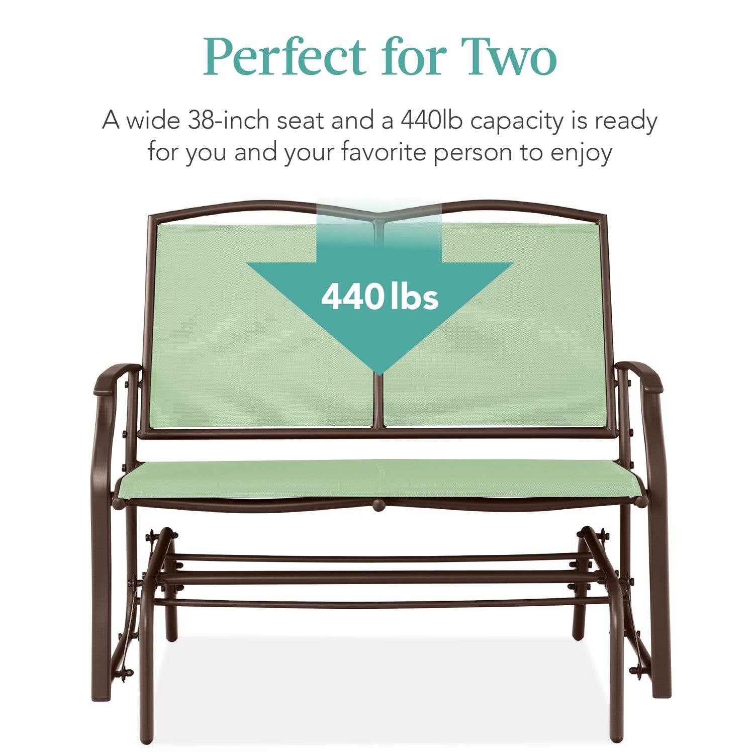 2 Seat Mesh Patio Loveseat Swing Glider Rocker with Armrests in Sage, 38-inch width, 440lb capacity, comfortable green seating