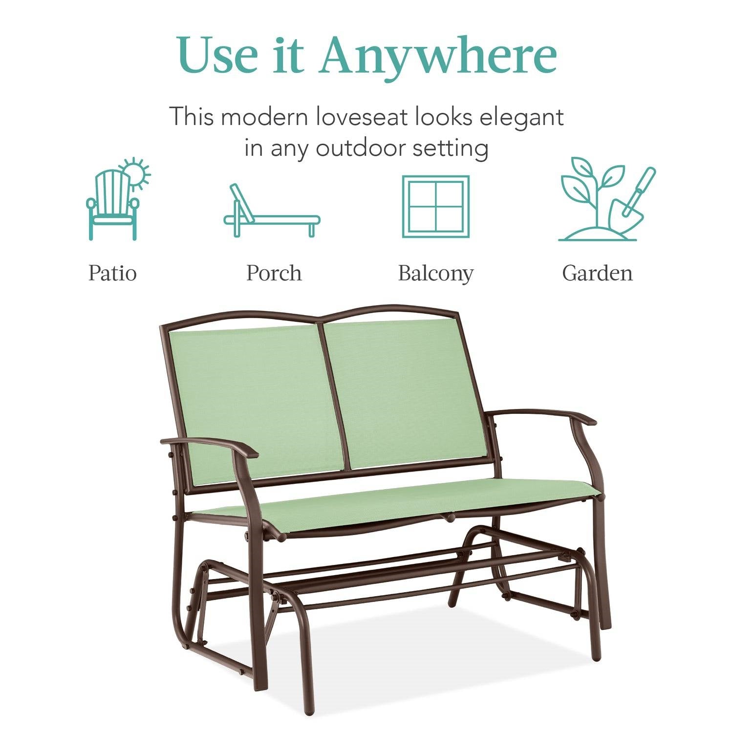 2 Seat Mesh Patio Loveseat Swing Glider Rocker with Armrests in Sage for outdoor settings like patio, porch, balcony, or garden.