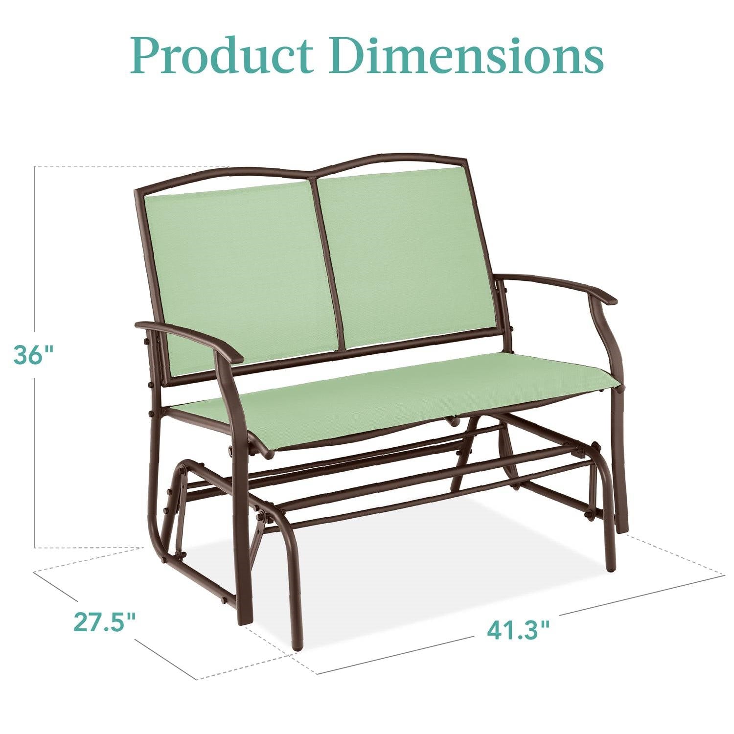 2 Seat Mesh Patio Loveseat Swing Glider Rocker with Armrests in Sage, dimensions showing 36 inches high, 27.5 inches deep, 41.3 inches wide