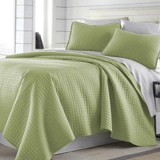Full/Queen Lightweight Sage Ultra Soft 3-Piece Microfiber Quilt Set displayed on bed with textured design.