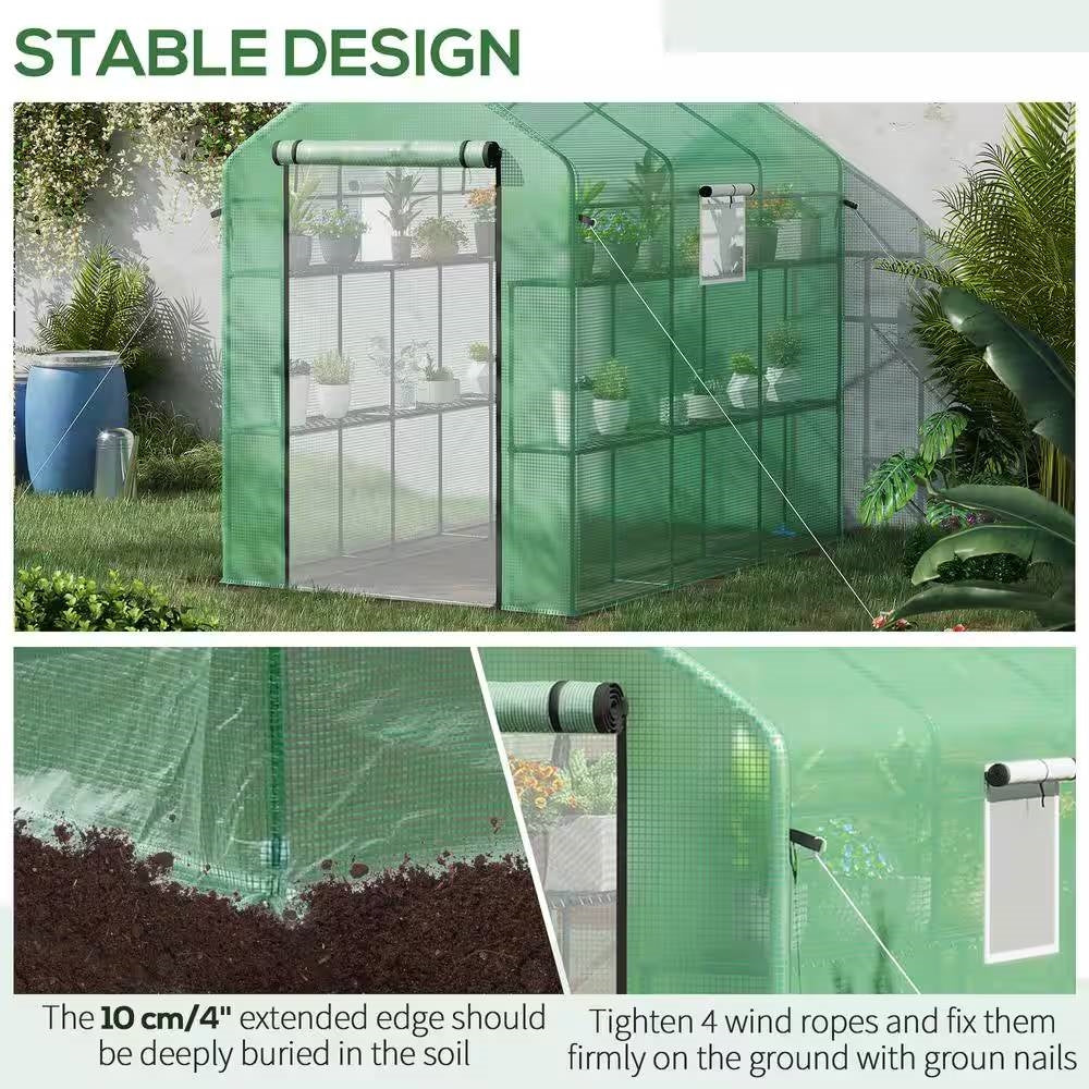 7 ft x 4.7 ft Oudoor Greenhouse with Steel Frame and Green PE Cover showcasing roll-up design and stability features