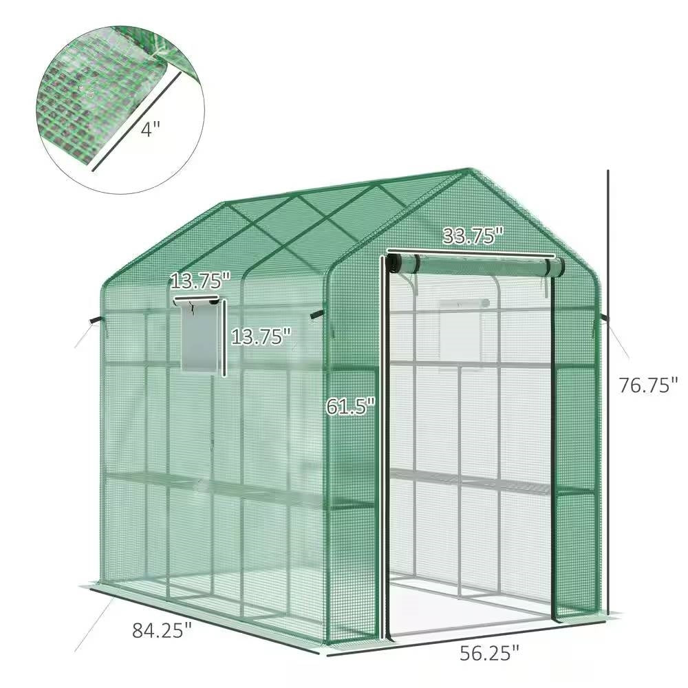 7 ft x 4.7 ft Oudoor Greenhouse with Steel Frame and Green PE Cover, ideal for home gardening, features roll-up design for ventilation.