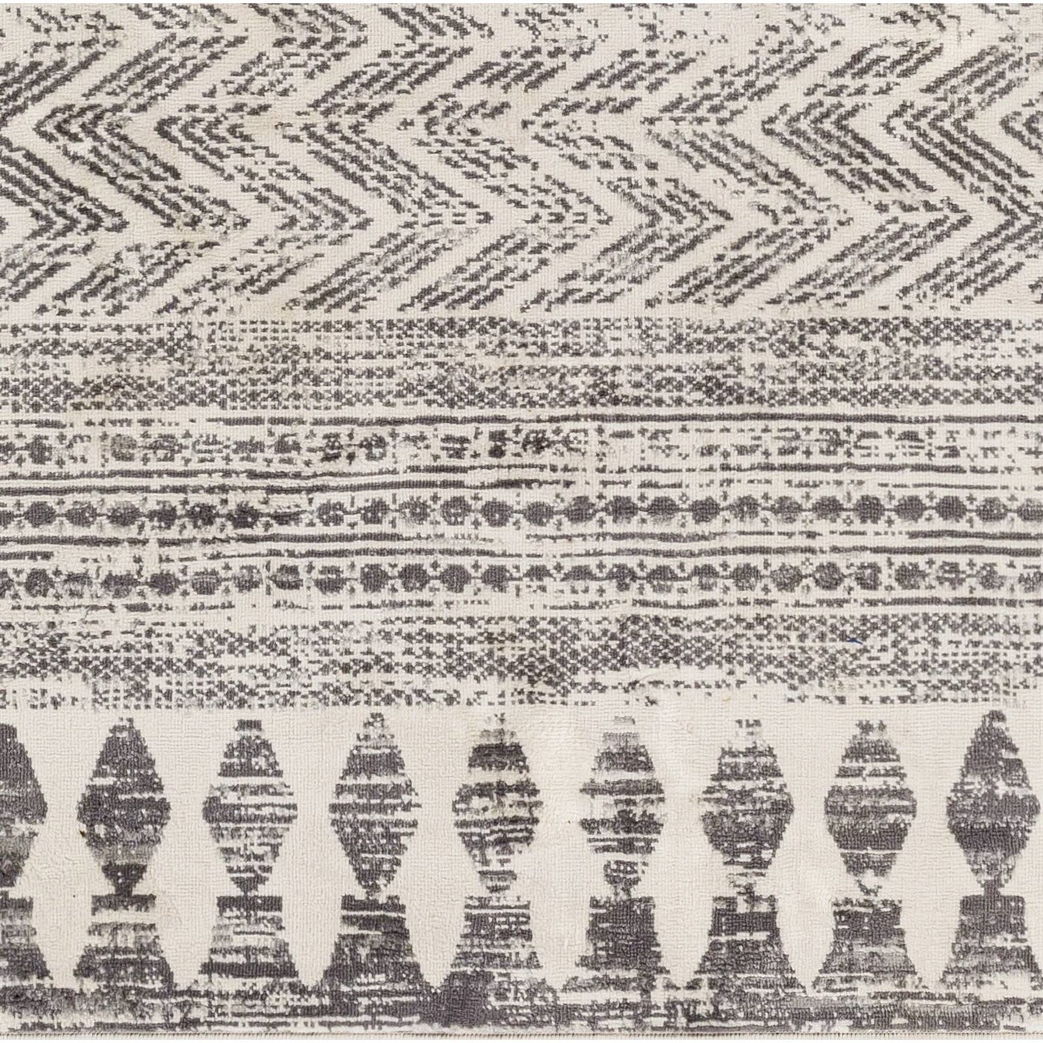 6.6-ft. x 9-ft. Grey Ivory Chevron Stripe Geometric Boho Style Area Rug with vintage distressed patterns