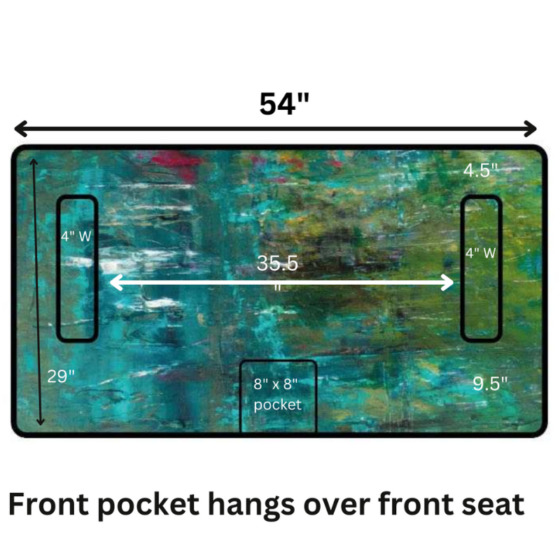 Diagram showing dimensions and features of Golf Cart Seat Covers with front pocket for golf cart seats.