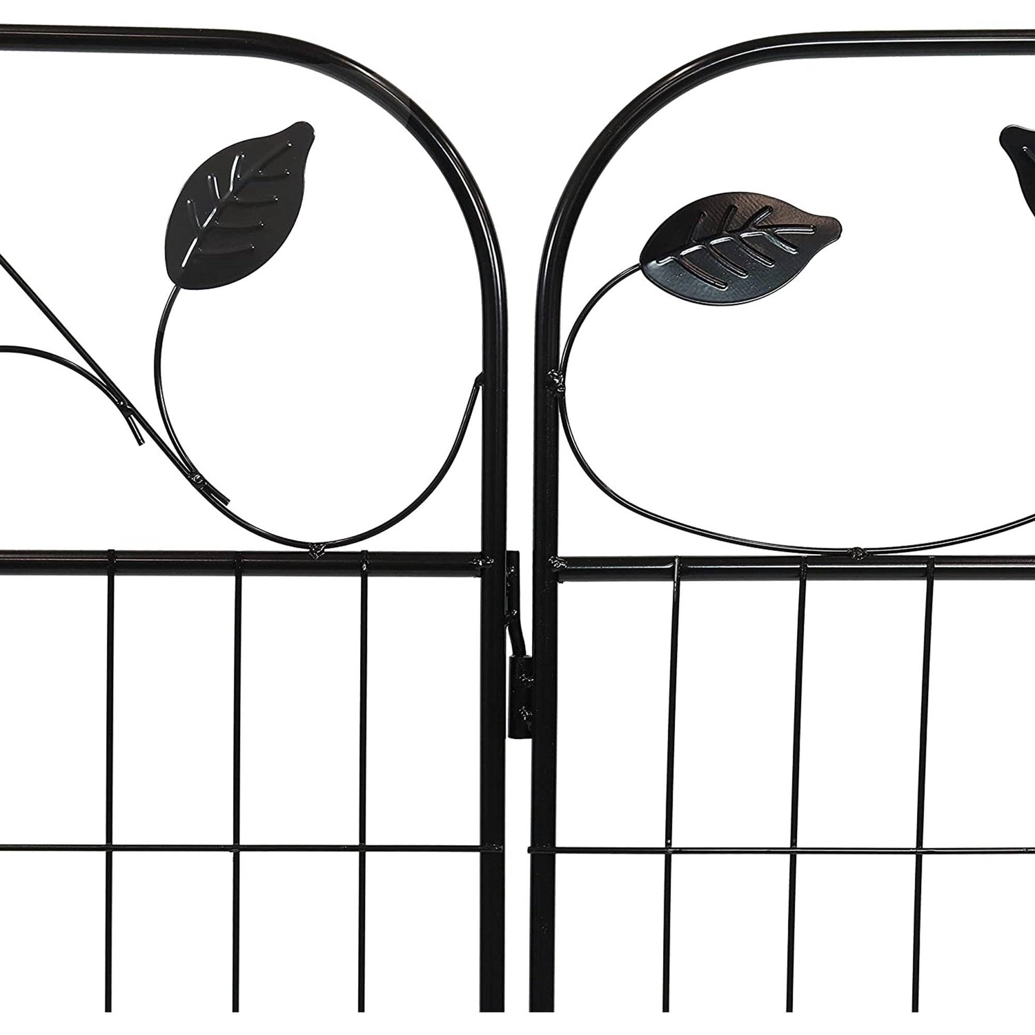 Detailed view of 4 Pack Steel Foldable Garden Fence Floral Staked Trellis Panel Animal Barrier with leaf design and wire fence.
