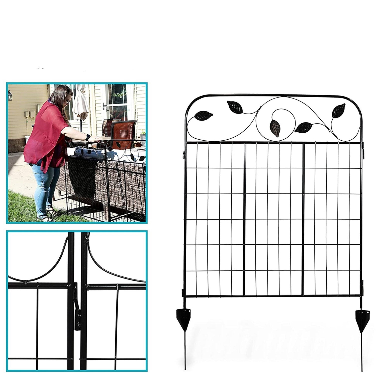 4 Pack Steel Foldable Garden Fence Floral Staked Trellis Panel Animal Barrier with decorative leaf design.