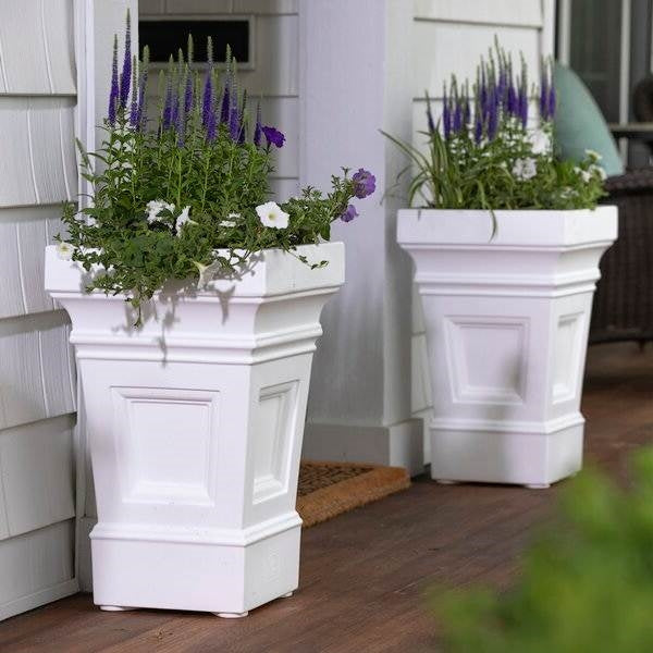 Set of 2 - 24 inch High Self Watering Planter Box in White Plastic Resin with flowers on porch
