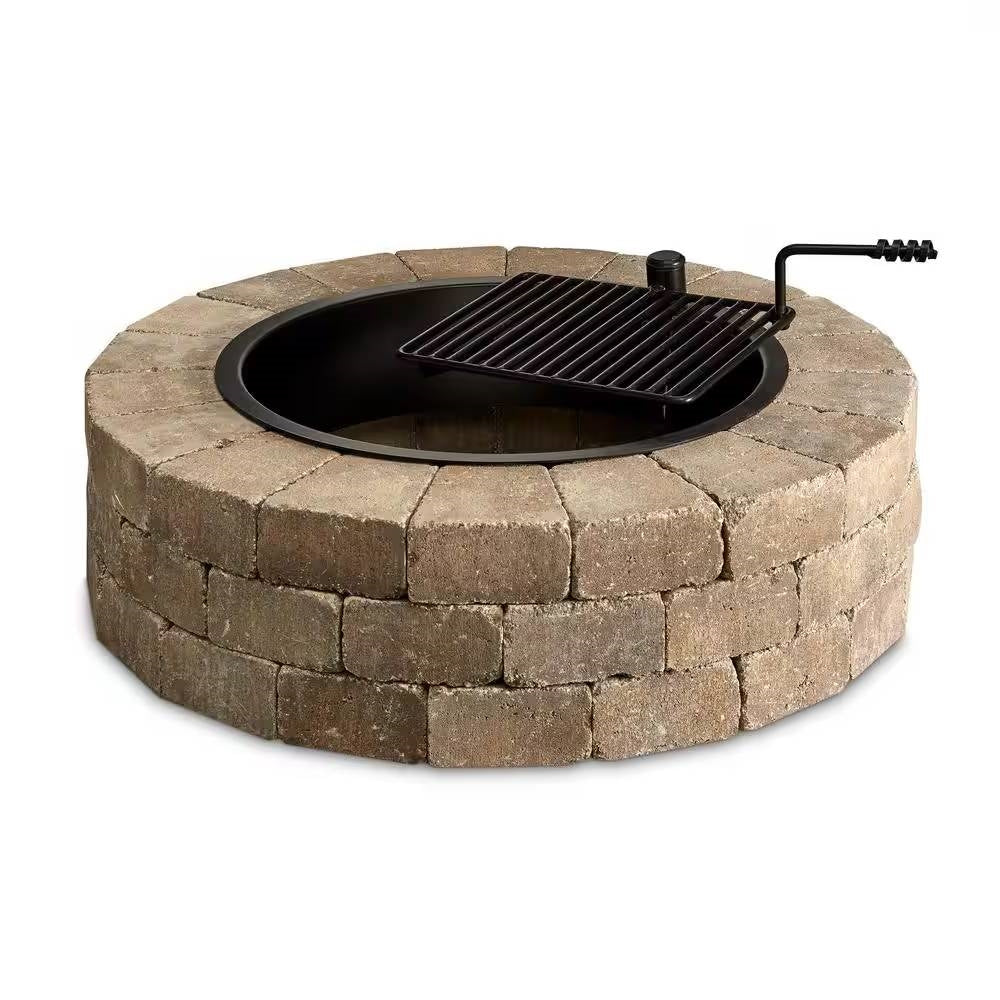 48-in Outdoor Round Concrete Block Stone Fire Pit Kit with Cooking Grill Grate shown assembled