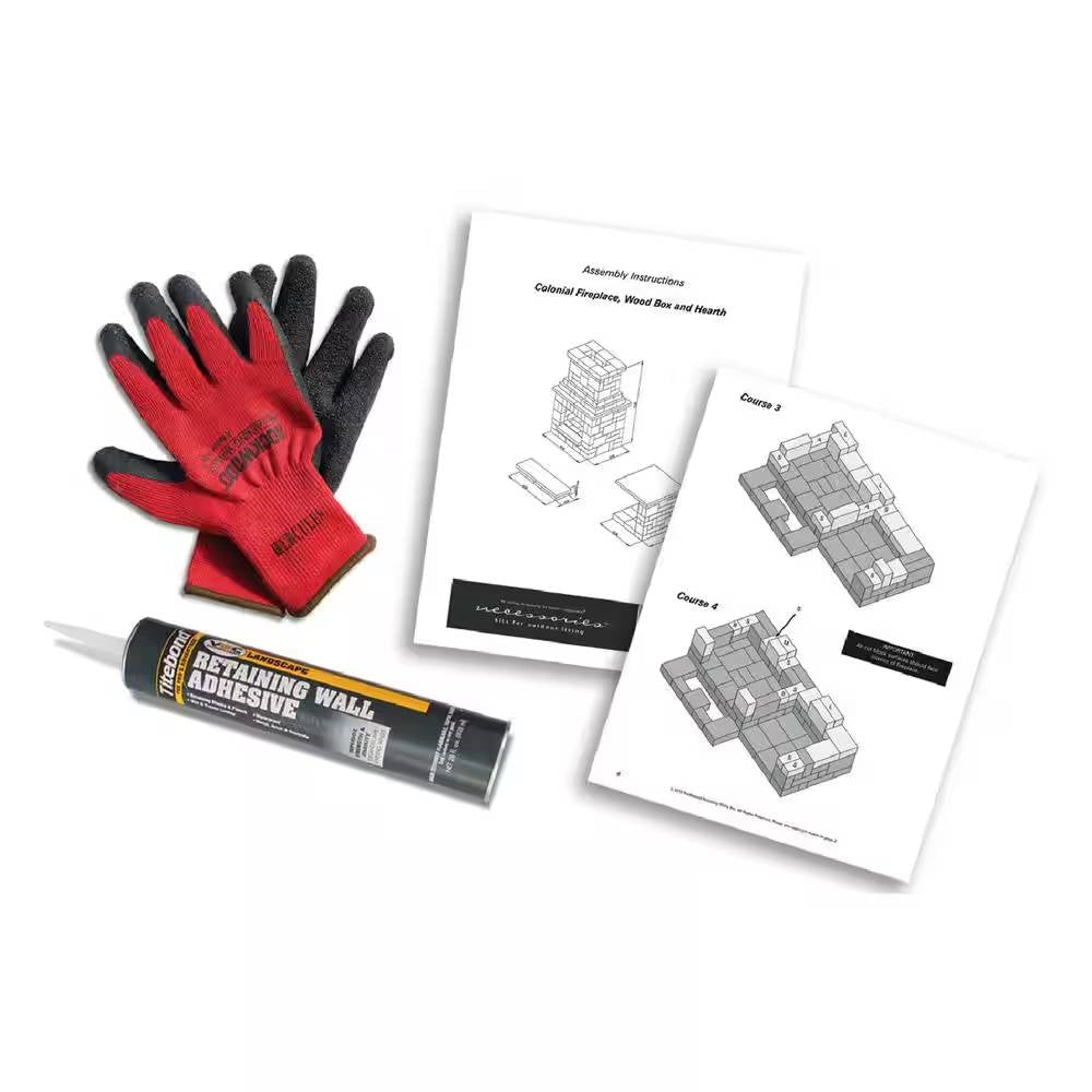 Assembly tools for 48-in Outdoor Round Concrete Block Stone Fire Pit Kit with Cooking Grill Grate, including gloves and adhesive.