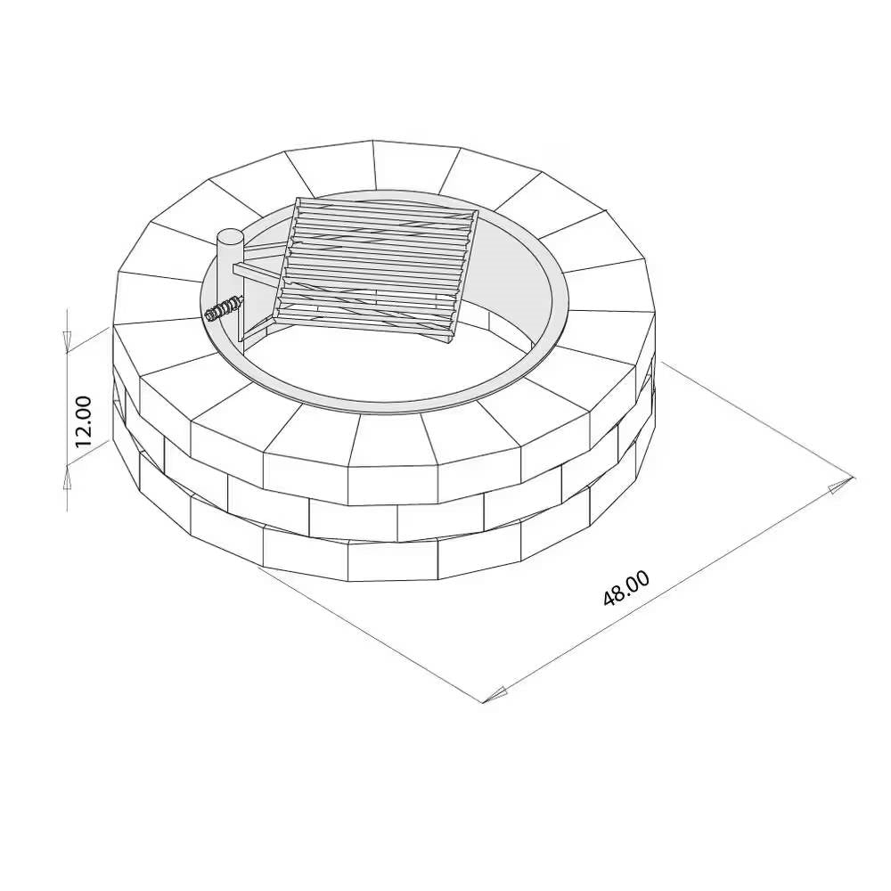 Diagram of 48-in Outdoor Round Concrete Block Stone Fire Pit Kit with Cooking Grill Grate, showing dimensions of 48 in. x 12 in.