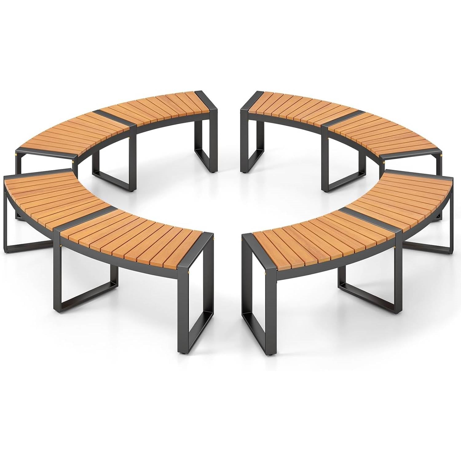 Set of 4 - Round Outdoor Metal Wood Backless Bench - Around Table Tree Fire Pit with acacia wood seats and metal frame